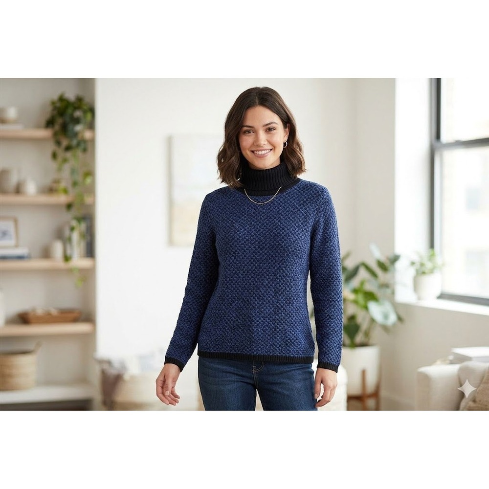Karen Scott Turtleneck Sweater S Blue Black Textured Knit Cotton Long Sleeve